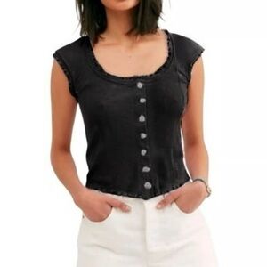 Free People Louie Louie Tee, Cropped Button up, Lettuce Hem, Black, Size S
